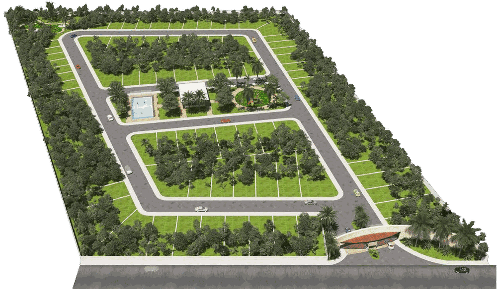 Vista aérea del plano maestro de Adara: lotes alineados a ambos lados de dos vialidades internas, arbolado perimetral, alberca y palapa de amenidades al centro, y acceso vehicular con pórtico al frente